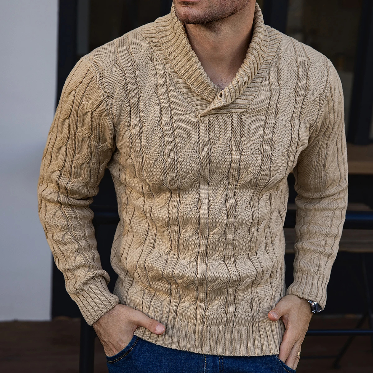 Cozy Men's Button Neck Cable Sweater