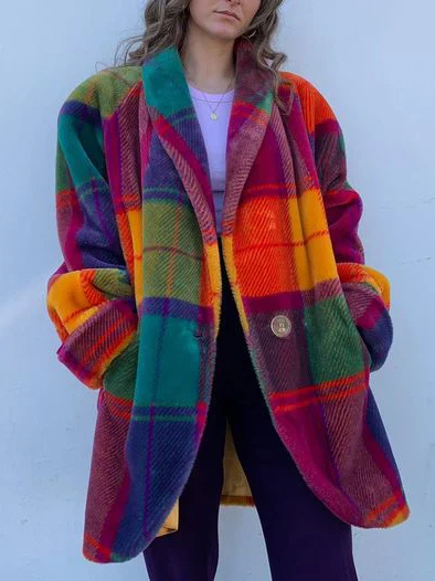Ladies Large Checked Wool Coat with Buttons - Nocini