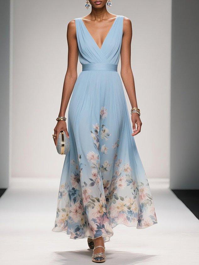 Pastel Blue Flower Maxi Dress