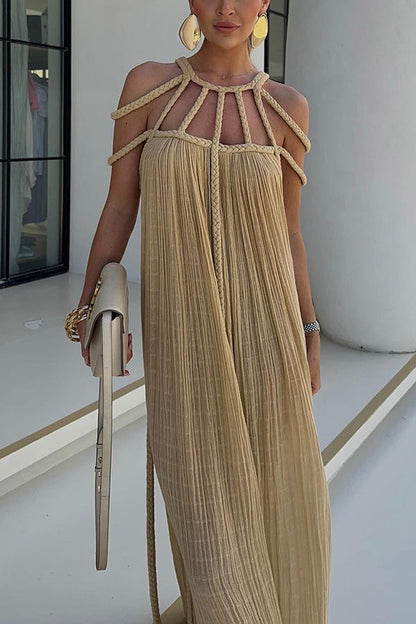 Loose Fit Summer Maxi Dress with Braided Halter Neck - Nocini