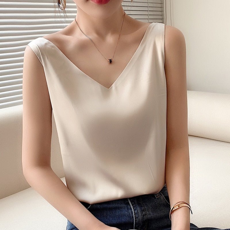 Women's Summer V-Neck Tank Top with Broad Shoulder Straps