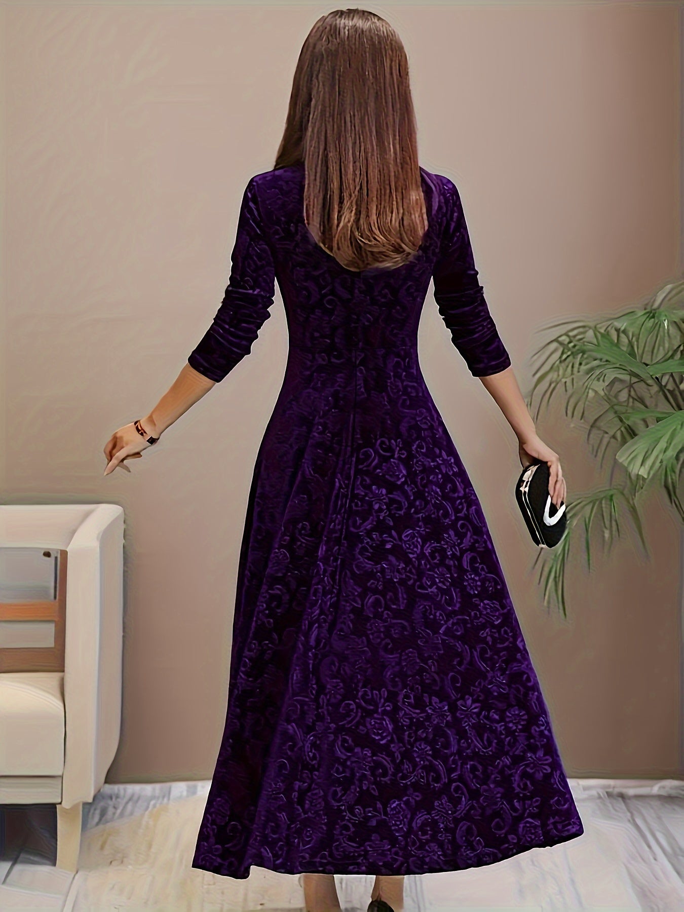 Ladies Elegant Embroidered Velvet Long Dress