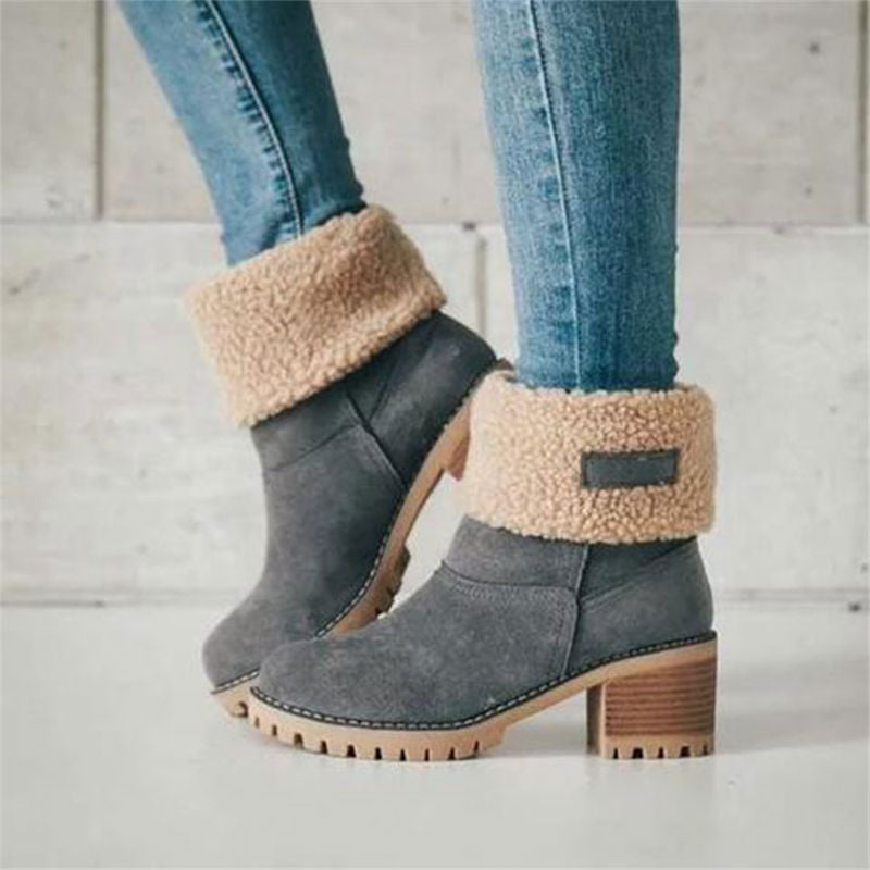 Ladies Suede Mid Heel Boots with Faux Fur Trim
