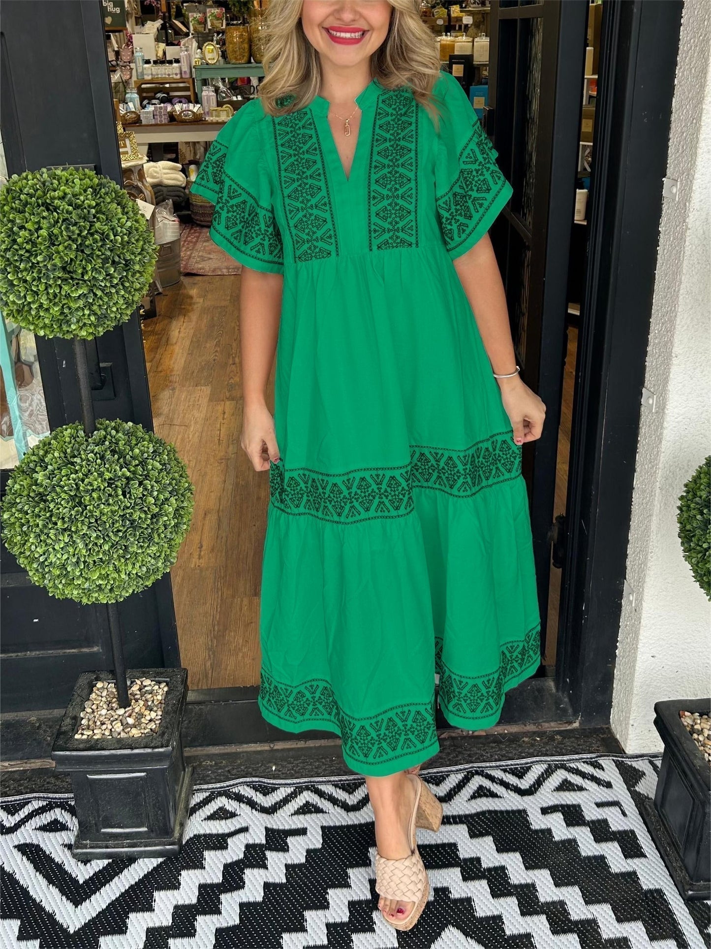 Ladies' Floral V-Neck Summer Midi Dress with Cap Sleeves