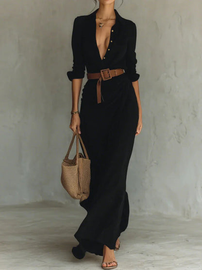 Elegant Long Sleeve Maxi Dress with Flowy Skirt