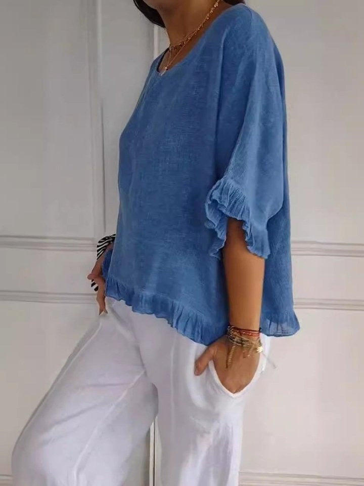 Ladies' Casual Ruffle Detail Short Sleeve Blouse