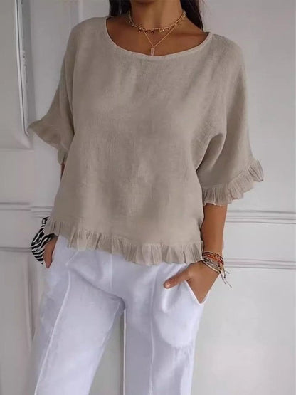 Ladies' Casual Ruffle Detail Short Sleeve Blouse
