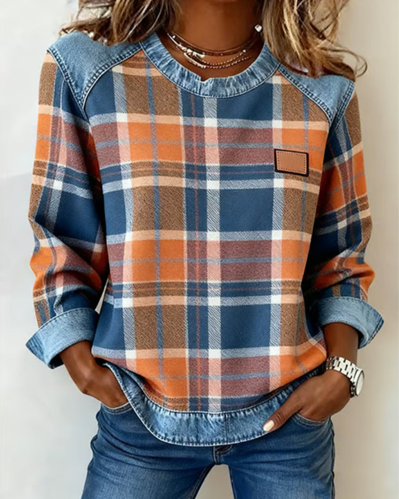 Plaid Patchwork Crew Neck Sweatshirt - Olytrend