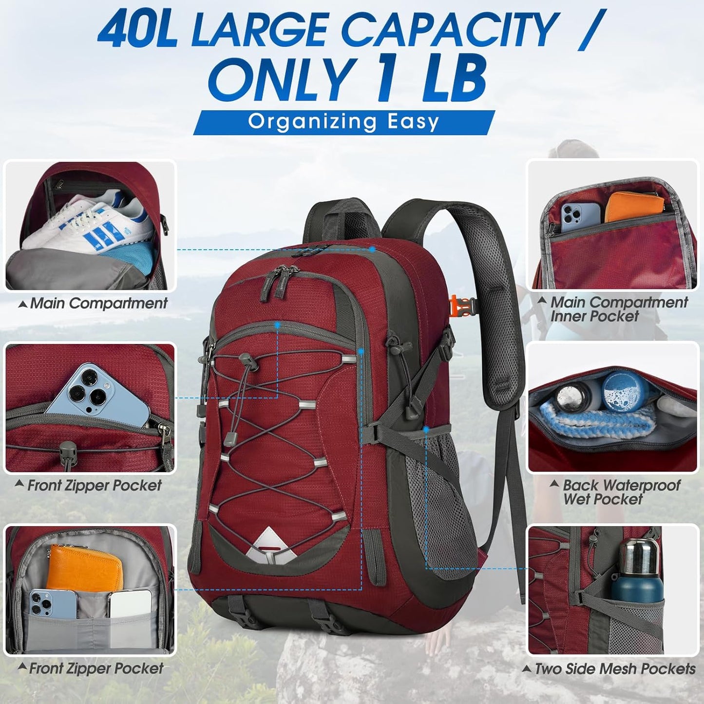 Compact 40L Water Resistant Hiking Backpack