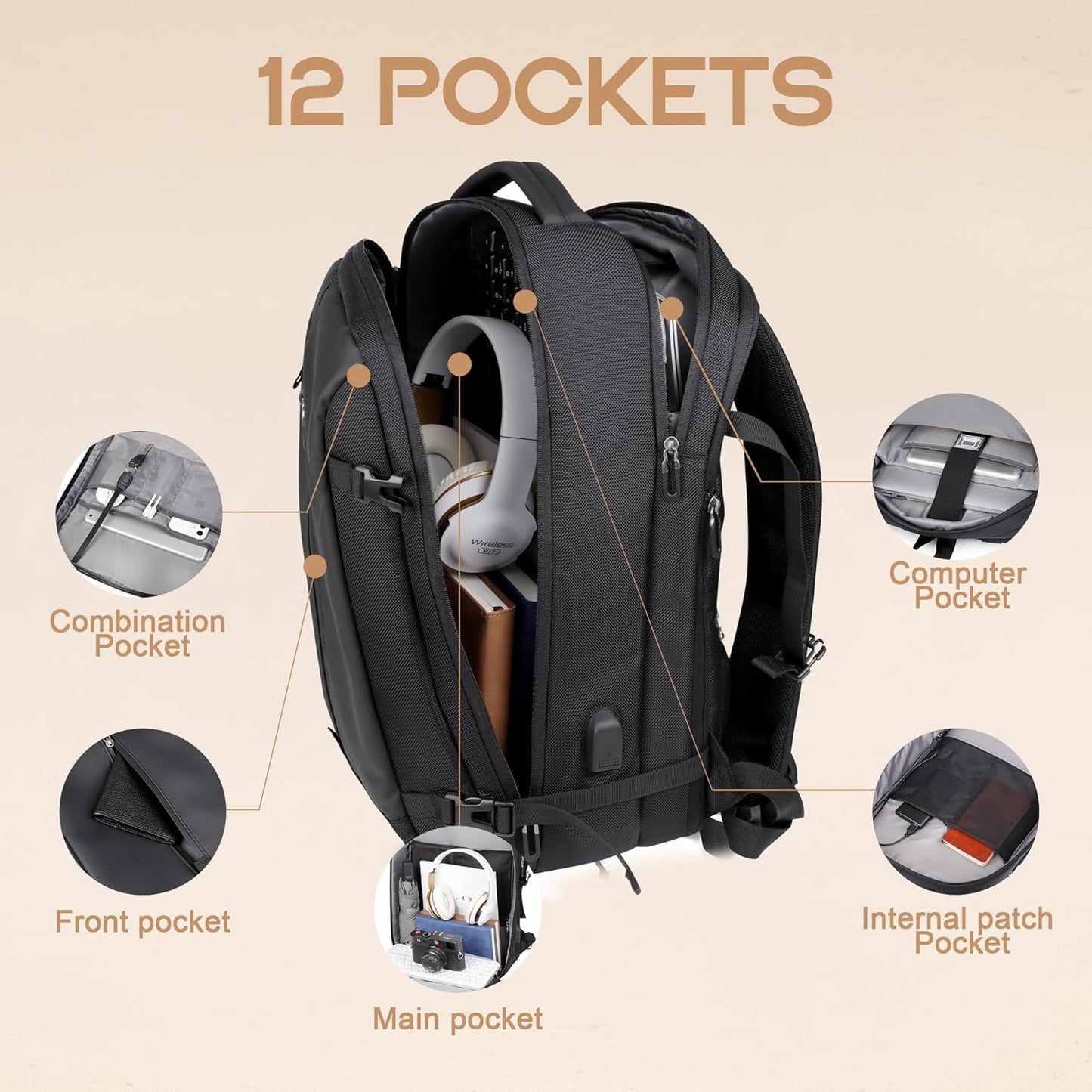 Large Water Resistant Hiking Backpack with USB Charger