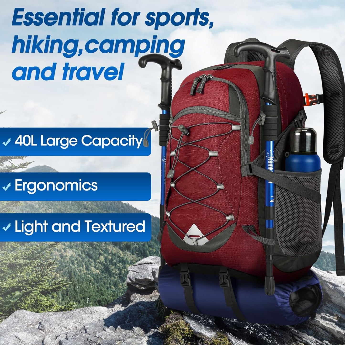 Compact 40L Water Resistant Hiking Backpack