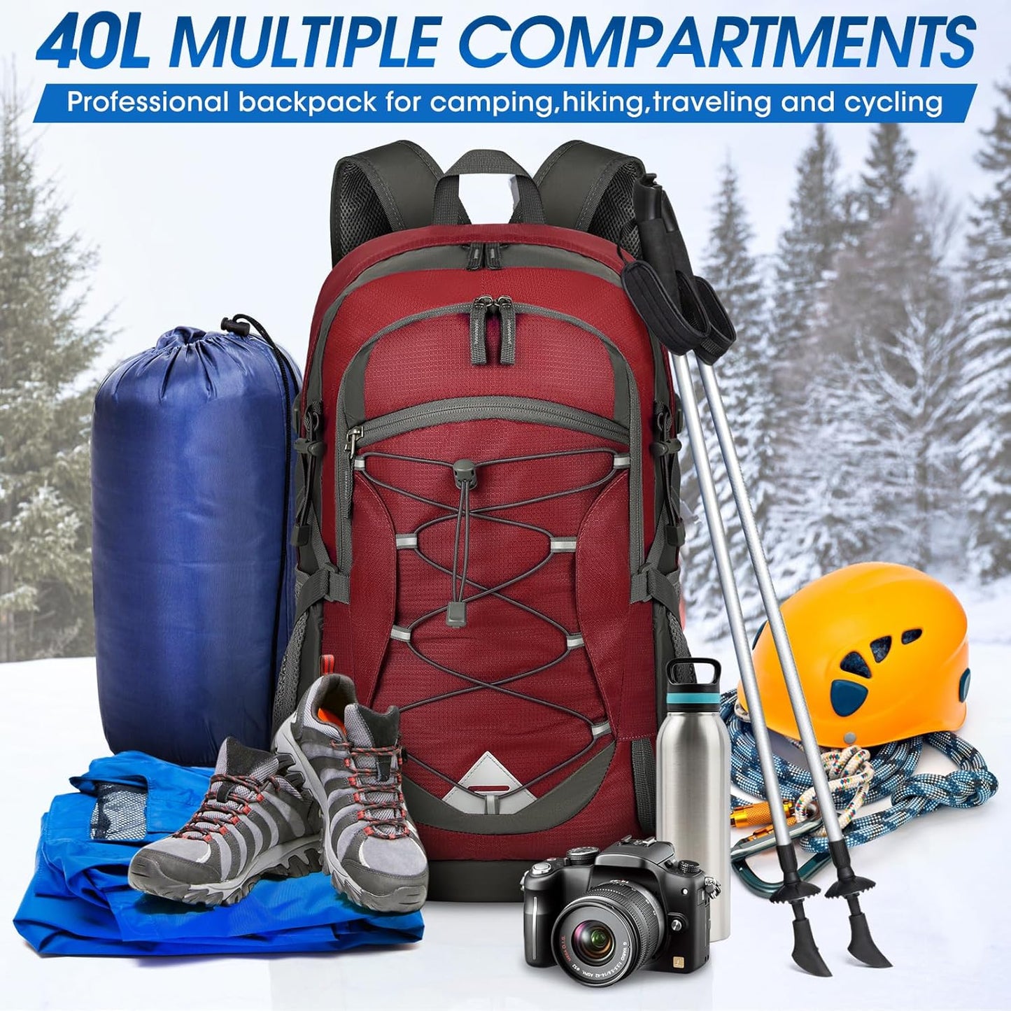 Compact 40L Water Resistant Hiking Backpack