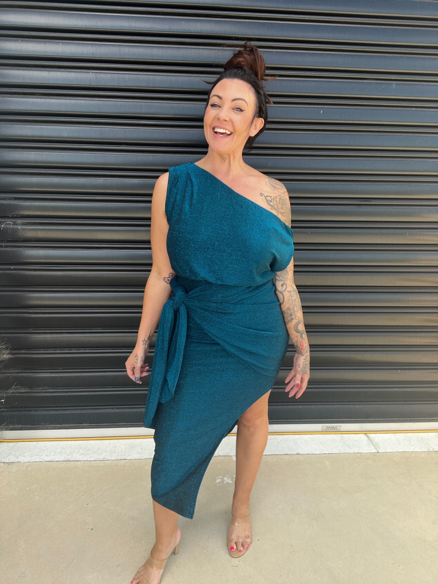 Elegant One Shoulder Midi Dress with Side Slit