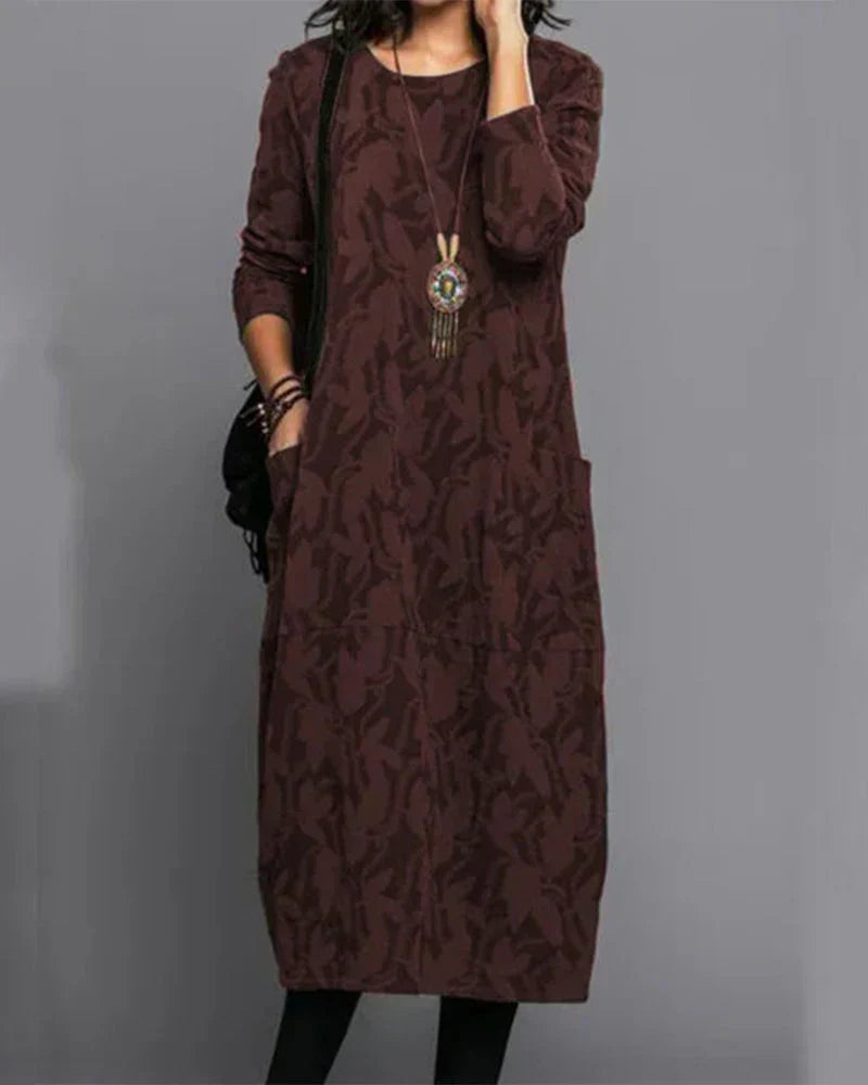 Ladies' Floral Casual Midi Dress with Pockets and Long Sleeves