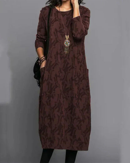Ladies' Floral Casual Midi Dress with Pockets and Long Sleeves