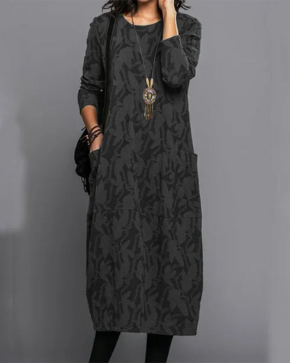 Ladies' Floral Casual Midi Dress with Pockets and Long Sleeves