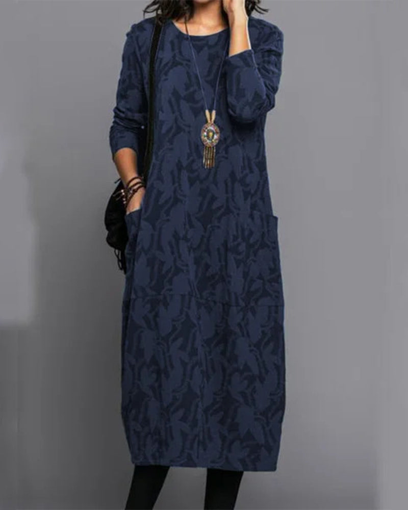 Ladies' Floral Casual Midi Dress with Pockets and Long Sleeves