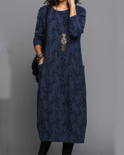 Ladies' Floral Casual Midi Dress with Pockets and Long Sleeves