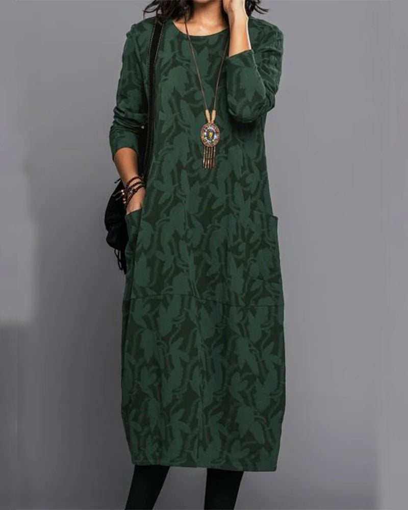Ladies' Floral Casual Midi Dress with Pockets and Long Sleeves - Nocini