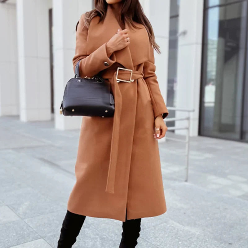 Classic Fit Women's Coat with Wide Lapels and Belt