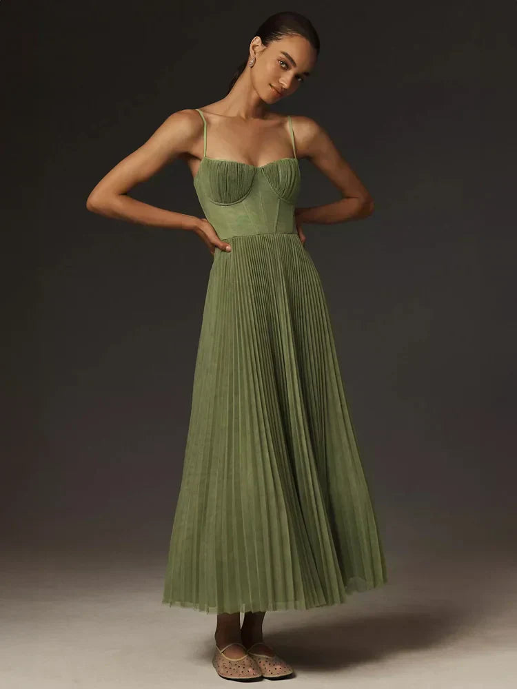 Classic Pleated Midi Dress with Tulle Top - Nocini