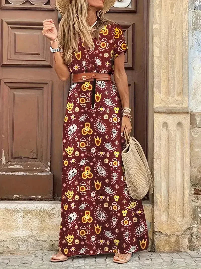 Casual Floral V Neck Maxi Dress for Women