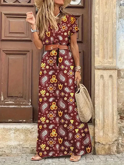 Casual Floral V Neck Maxi Dress for Women