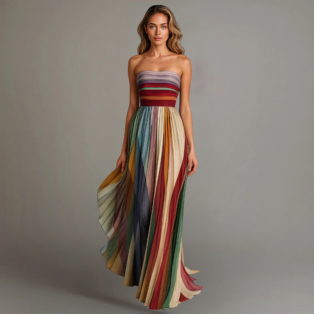 Sleeveless Flowy Maxi Dress with Colorful Vertical Stripes - Nocini