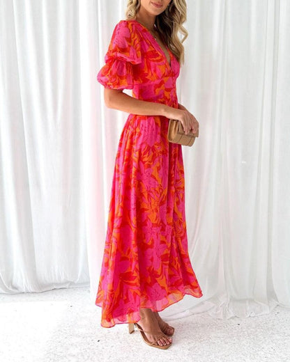 Casual V-Neck Maxi Dress with Puffy Sleeves and Floral Print