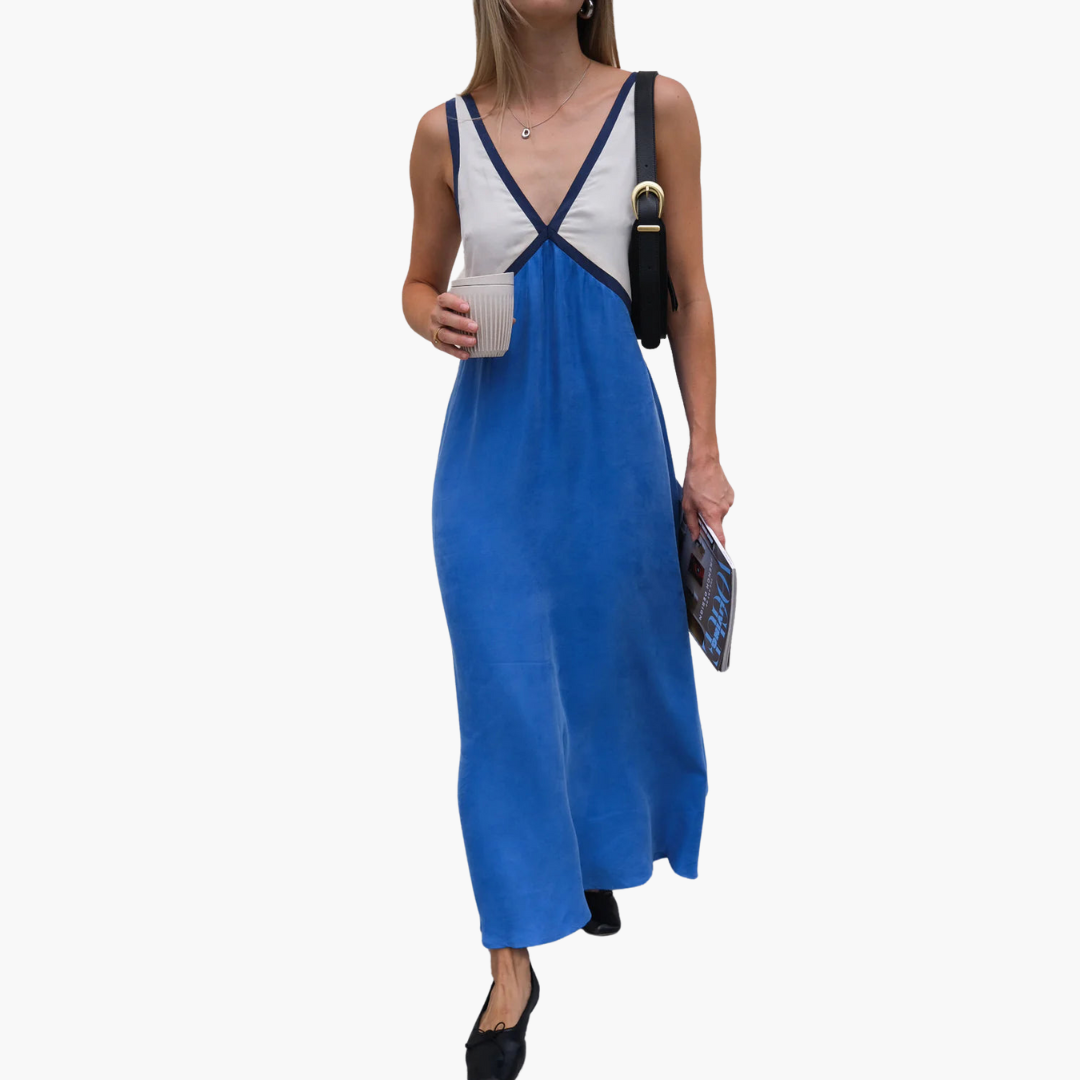 Casual V Neck Long Dress for Women Colorblock Style