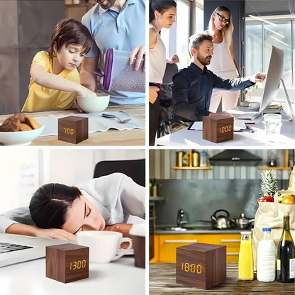 Minimalist Wood Grain LED Alarm Clock With Temperature Display