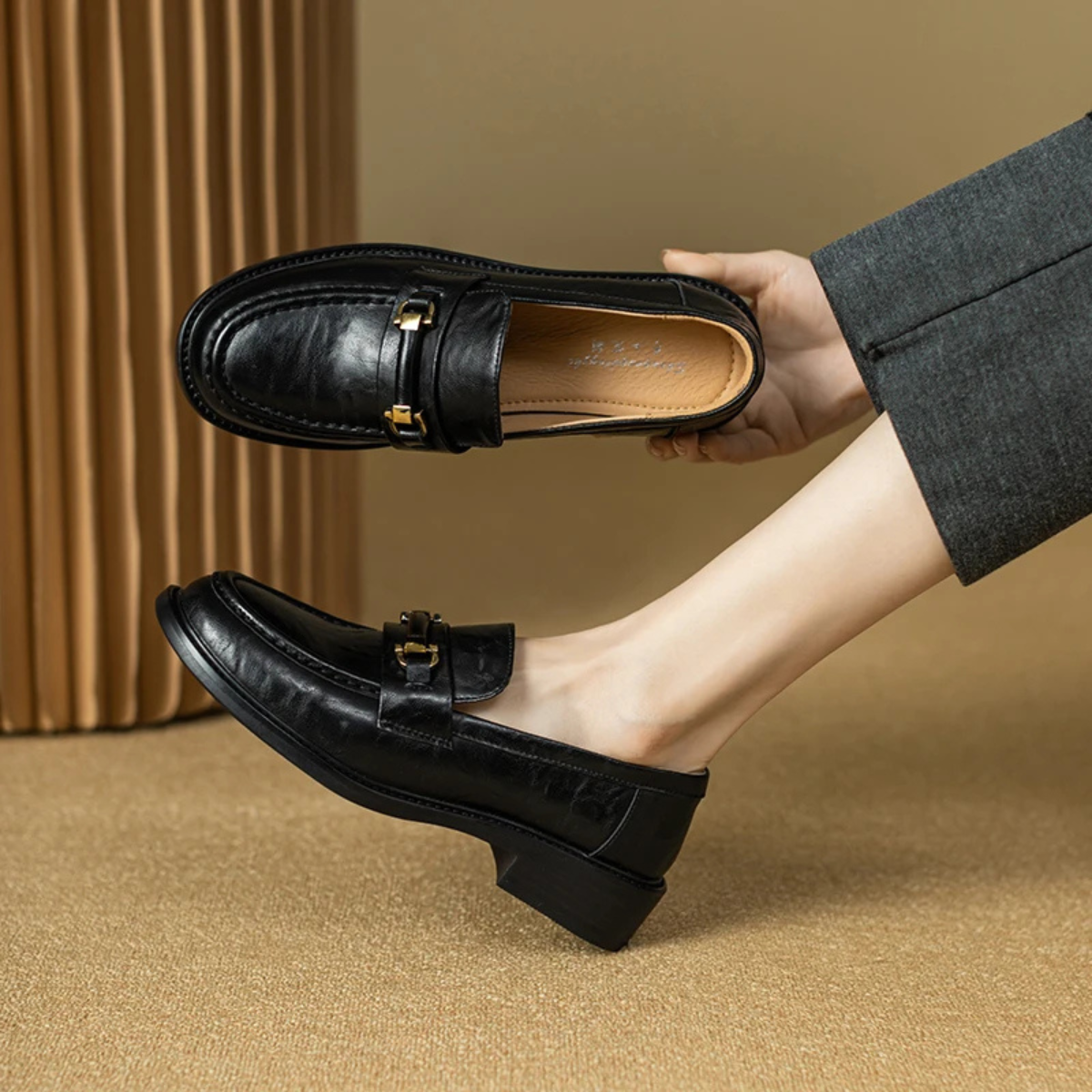 Men's Genuine Leather Slip On Loafers with Silver Buckle