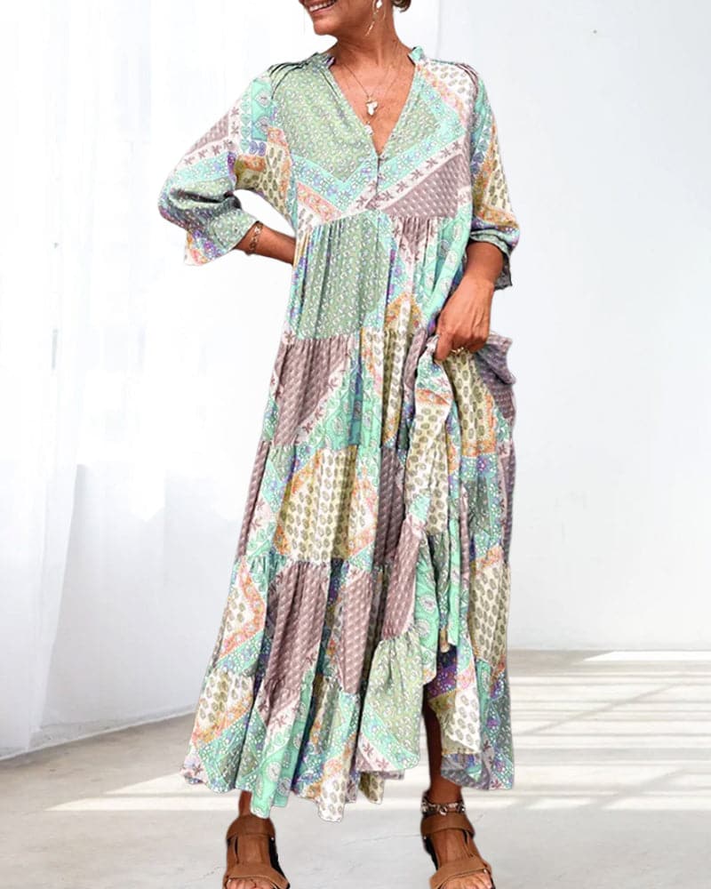 Loose Fit Floral Maxi Dress with V Neck