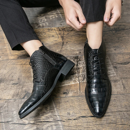 Men's Black Alligator Print Leather Ankle Boots