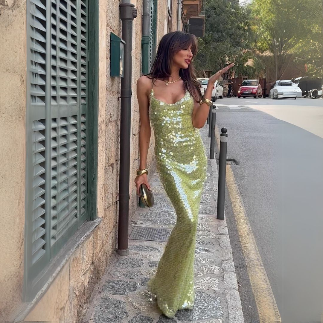 Sparkly Long Evening Dress Green - Nocini