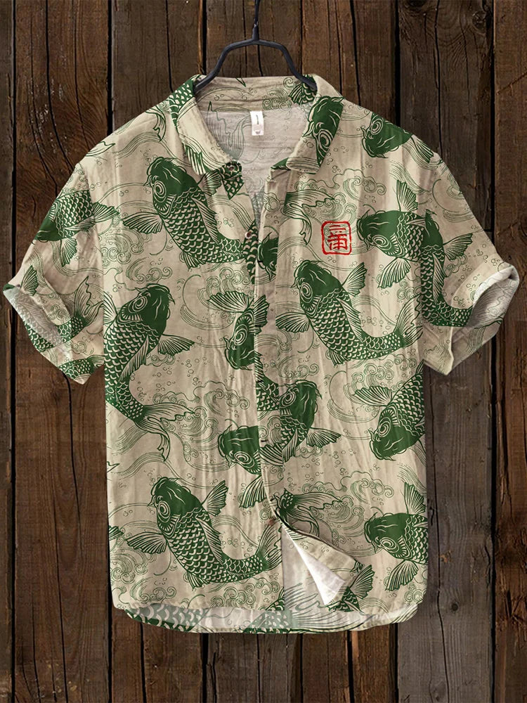 Casual Men's Linen Shirt with Fishing Print