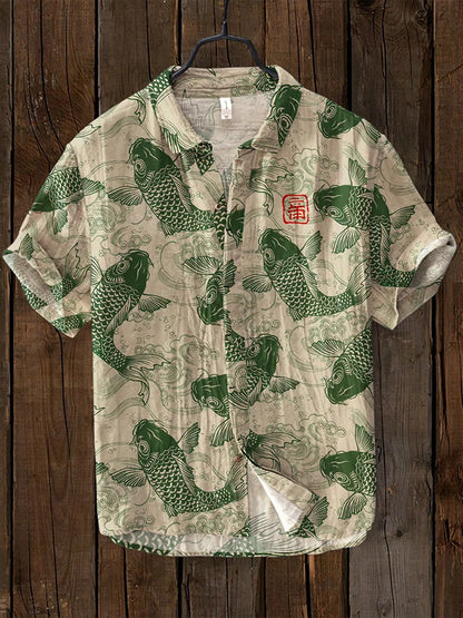 Casual Men's Linen Shirt with Fishing Print