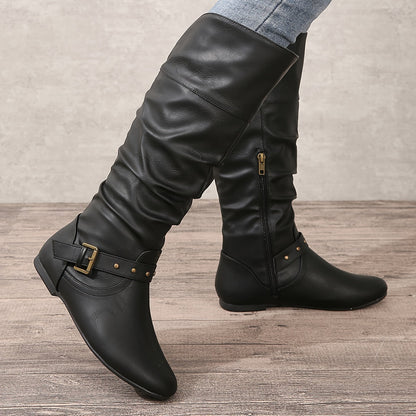 Ladies Tall Side Zip Leather Boots - Olytrend