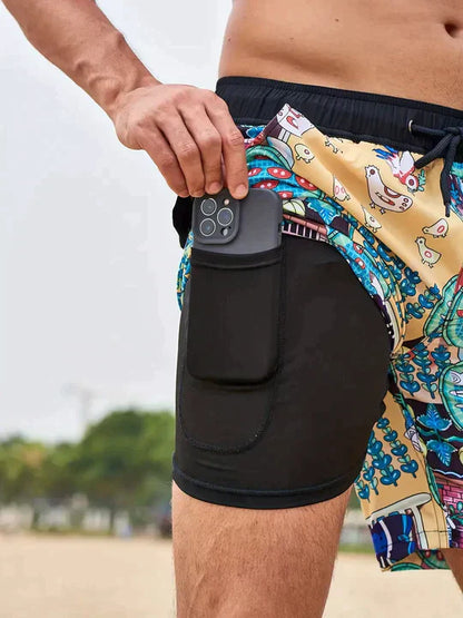 Stylish Mens Beach Shorts with Liner and Phone Pouch