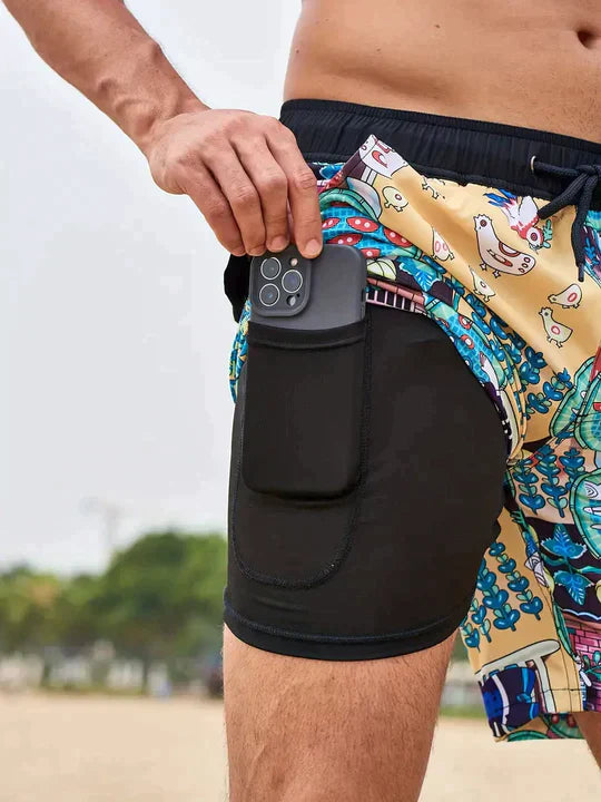 Stylish Swim Trunks with Liner and Phone Pouch
