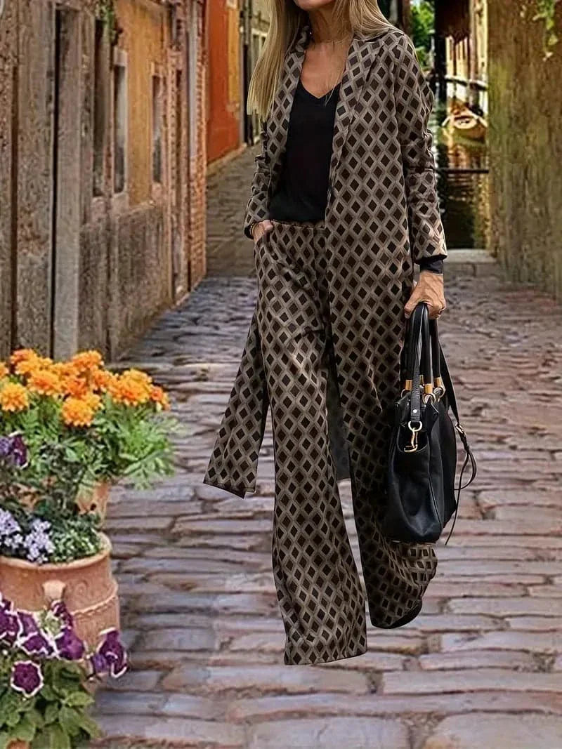 Women's Suit - Chic Long Coat & Wide Leg Pants