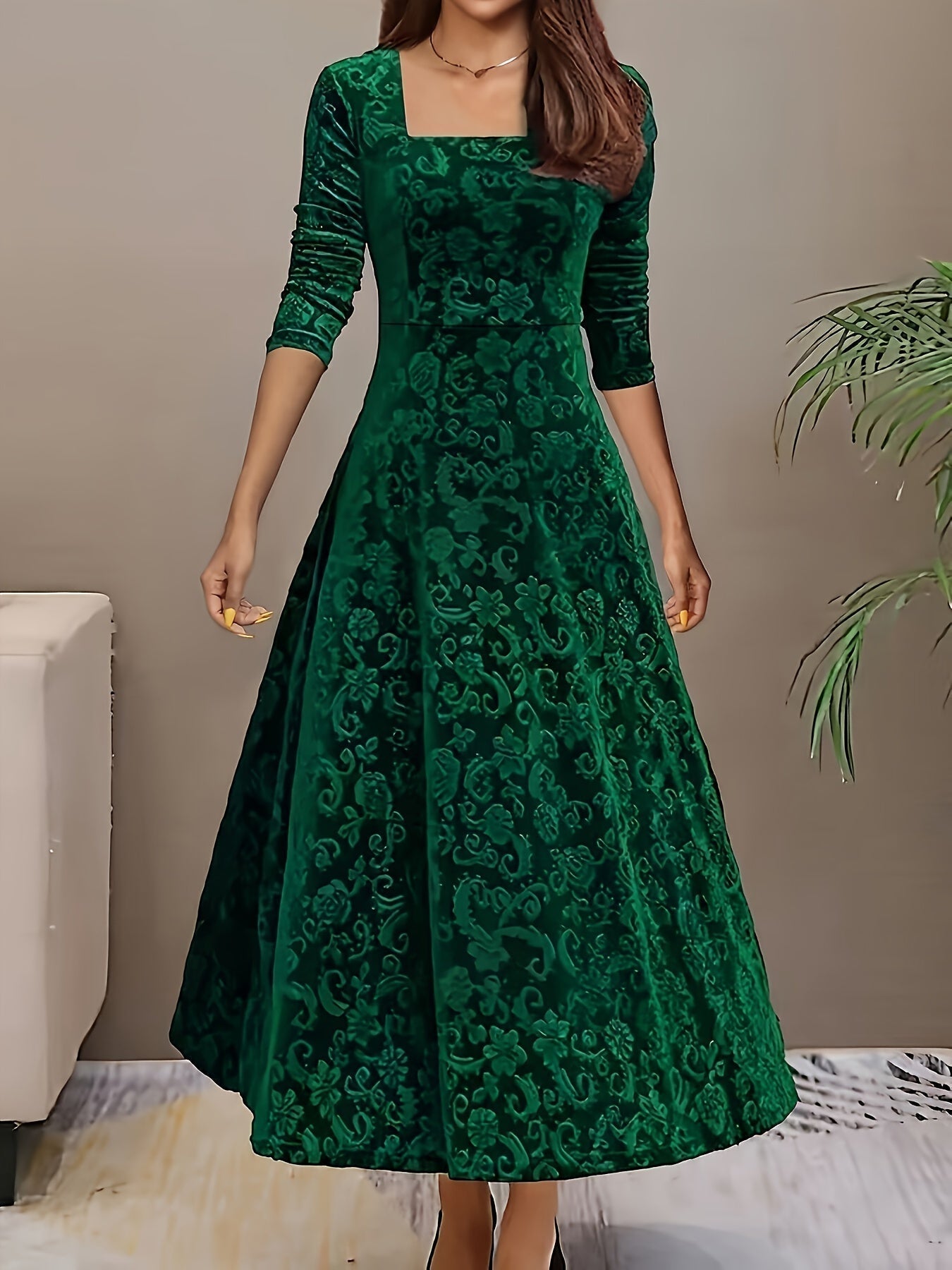 Ladies Elegant Embroidered Velvet Long Dress