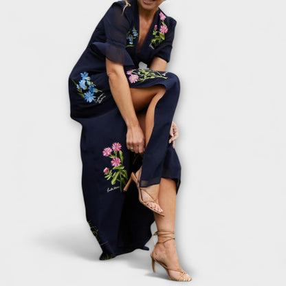 Elegant Dark Blue Embroidered Party Dress