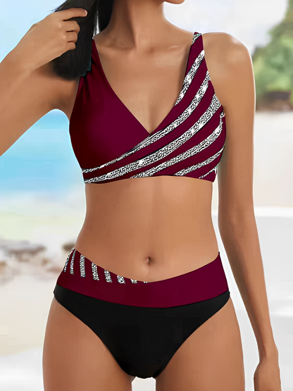 Women's Striped Swimsuit One Shoulder Bikini Set
