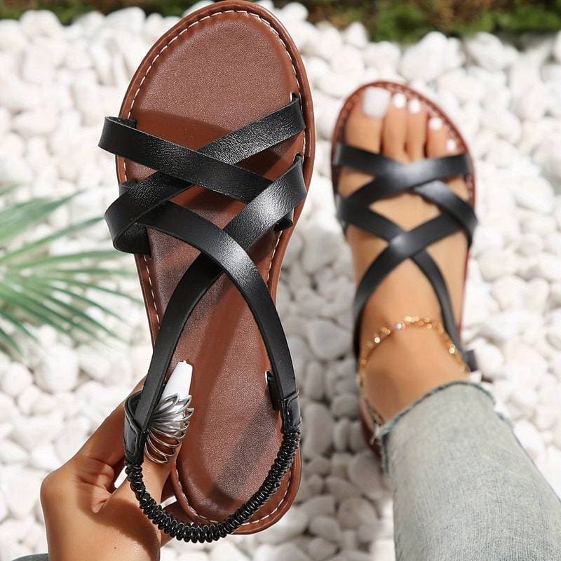 Women's Flat Sandals with Cross Straps and Comfortable Fit