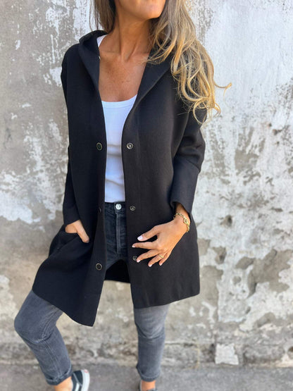 Warm Women's Coat with Hood and Button Front
