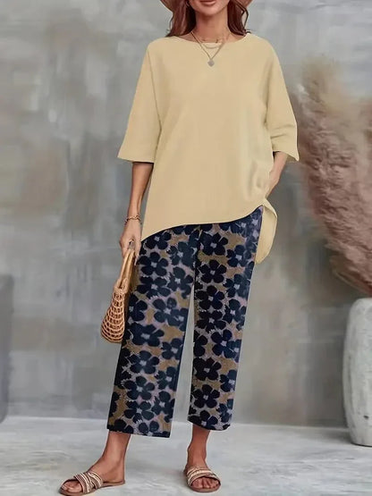 Relaxed Fit Tunic and Floral Wide Leg Pants Set - Nocini