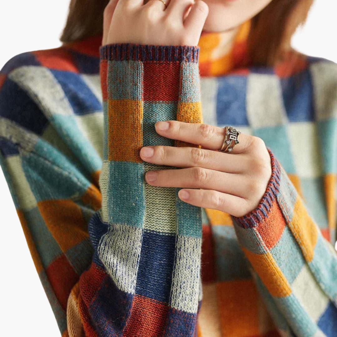 Casual Plaid Crew Neck Wool Sweater for Women