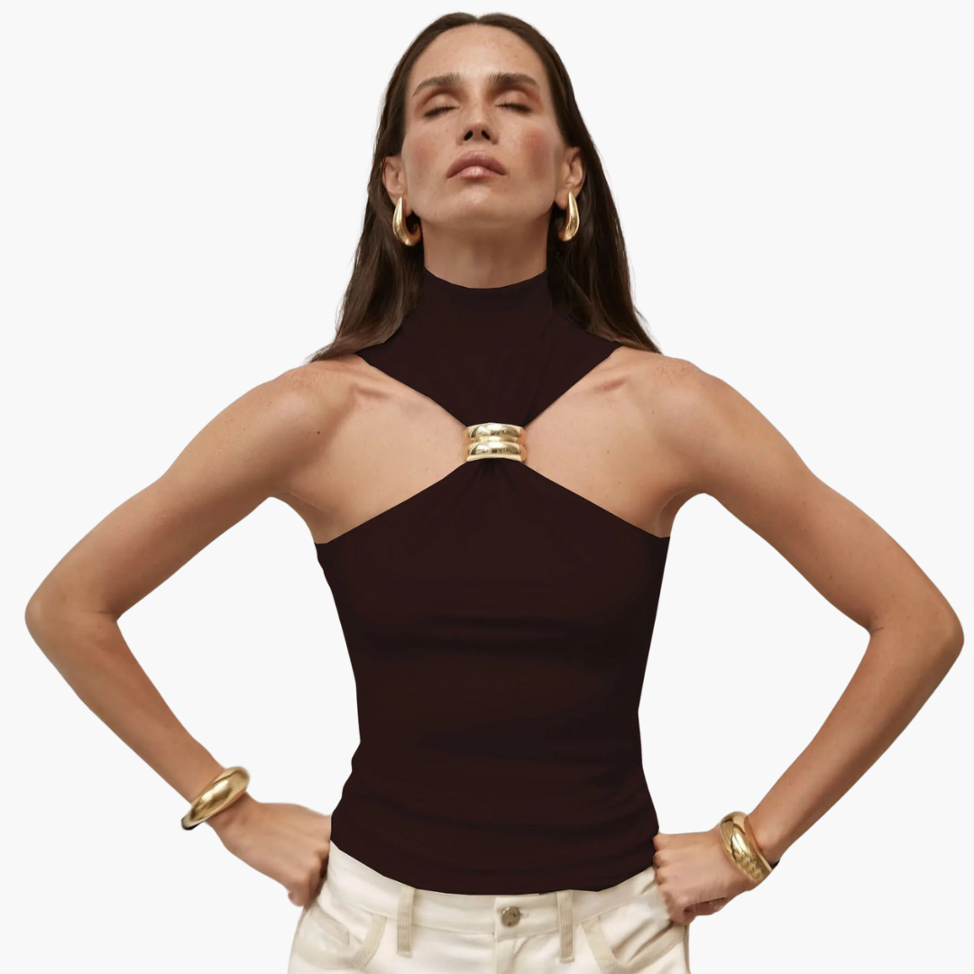 Elegant High Neck Halter Top for Women with Gold Detail