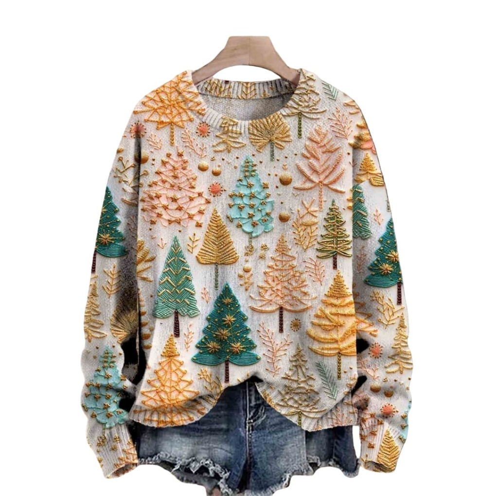 Cozy Womens Crew Neck Tree Print Sweater